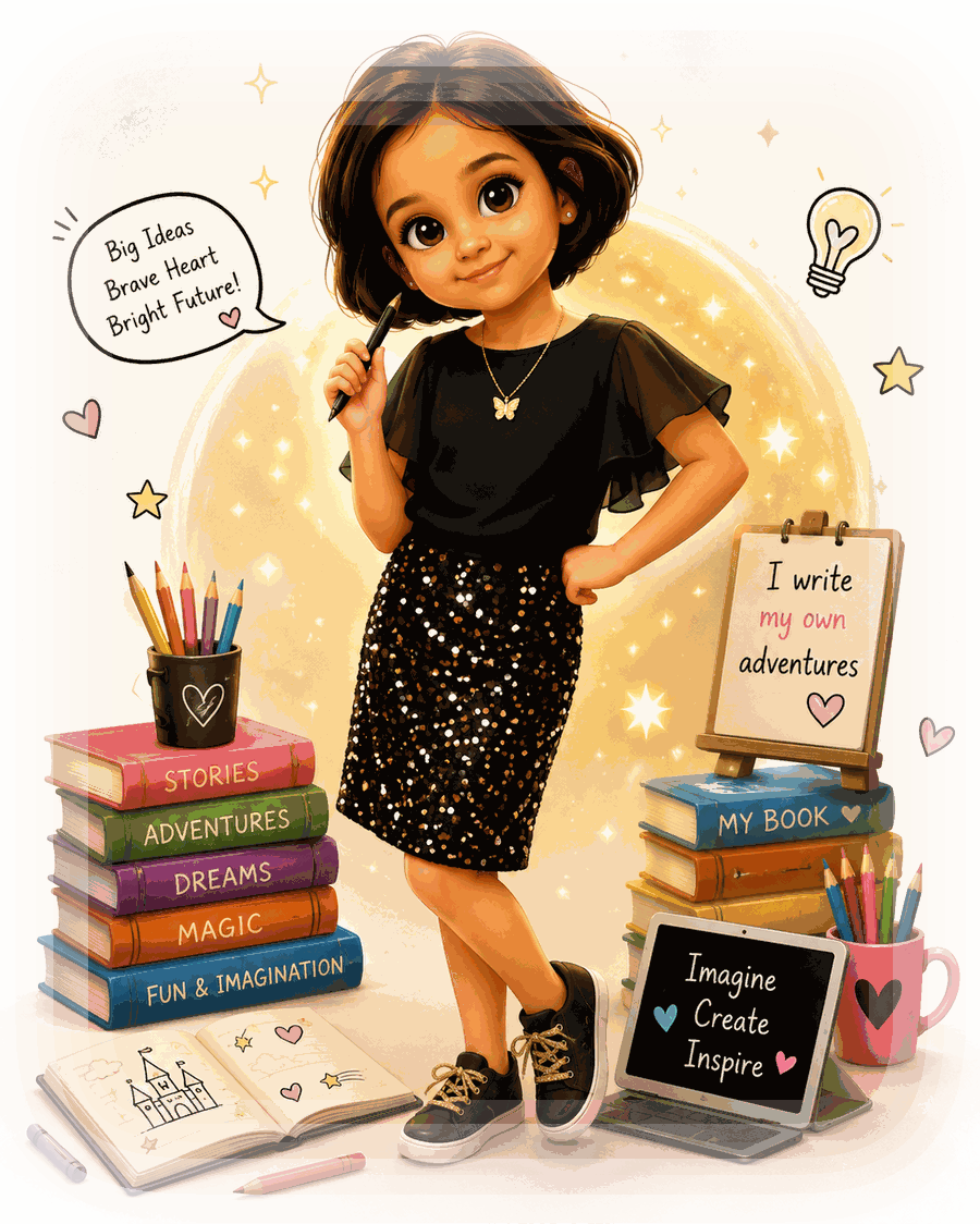 An illustration of Anvika Rohan holding a pen, surrounded by colourful books labelled Stories, Adventures, Dreams, Magic and Fun & Imagination.