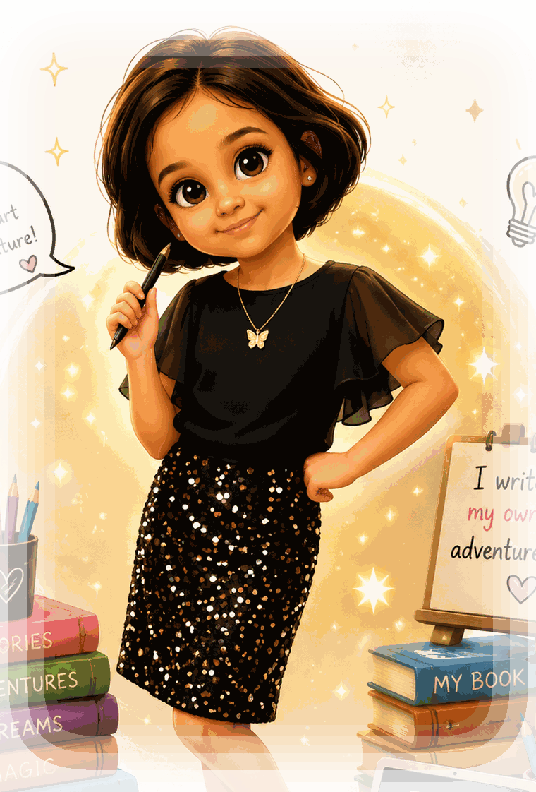 Illustration of Anvika Rohan with her notebook and coloured pencils.